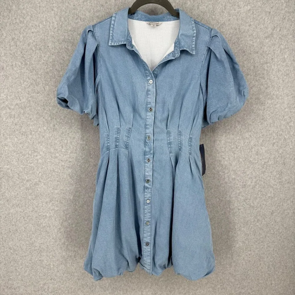 Habitual Girl Chambray Bubble Hem Dress Size 16 Button Front Puff Sleeve NEW